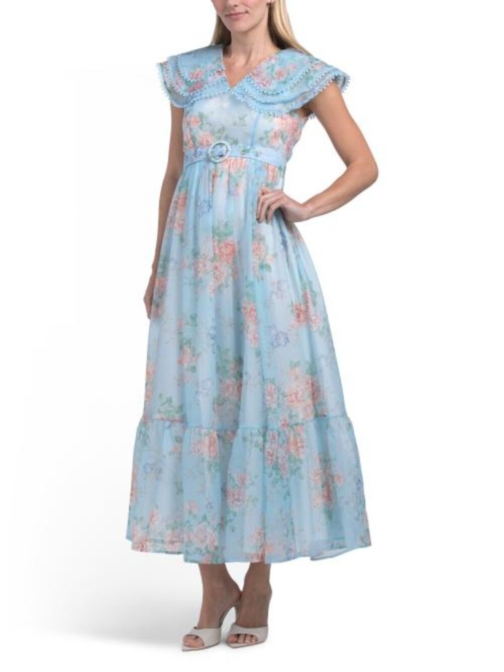 DALIA MACPHEE Oversized Collar Floral Maxi Dress With Belt